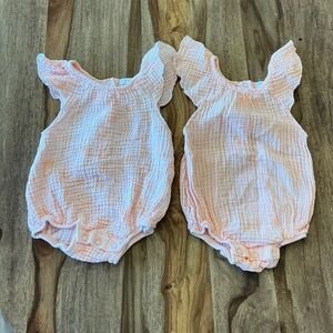 Lot of 2 Tahari Baby Gauze Bubble Rompers Pink Fruit Flutter Sleeve 0-3 Months